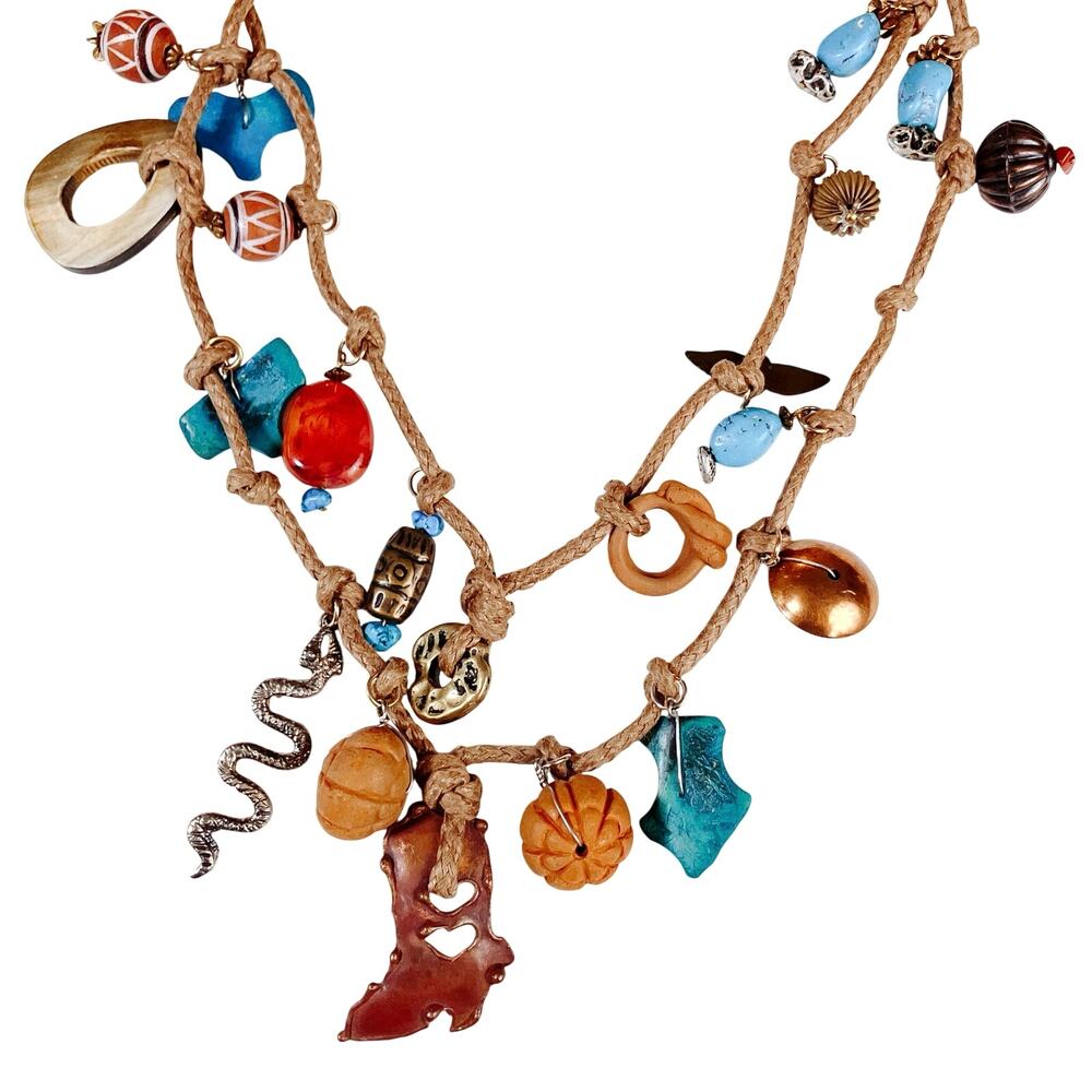 Vintage 1970s Boho Charm Necklace Mixed Materials Wood Glass Copper Long Rope